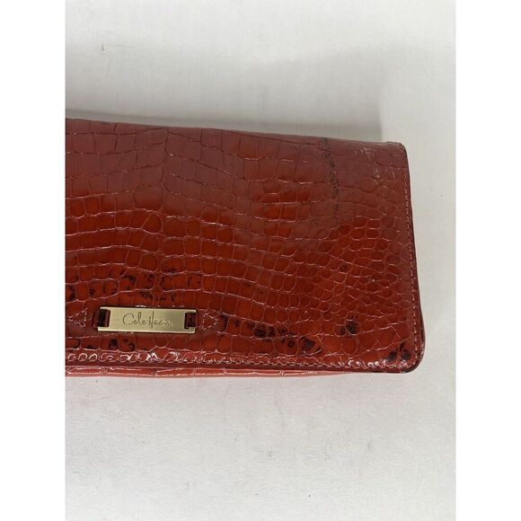 Cole Haan Pouch Wallet Red Orange Croc Patent Zip Mirror Organizer 11 in  X  5 i - Picture 10 of 12
